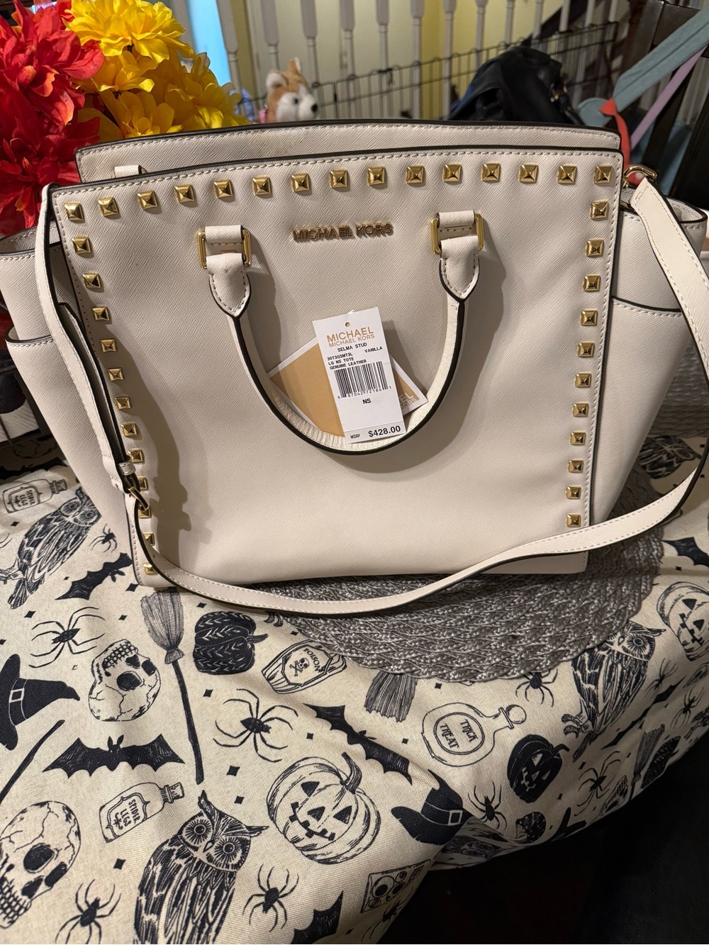 Michael Kors Cream Studded Saffiano Leather Satchel